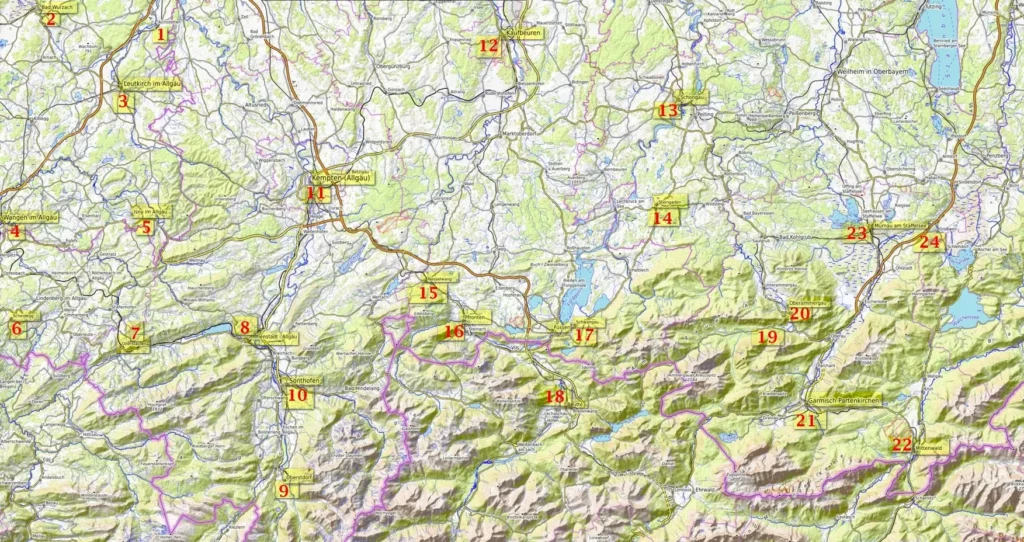 Bayern. Allgäu Sehenswürdigkeiten Karte
