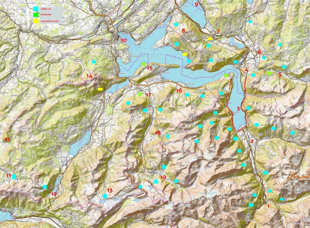 Lake Lucerne map / Urlaub am Vierwaldstättersee Reiseziele Karte