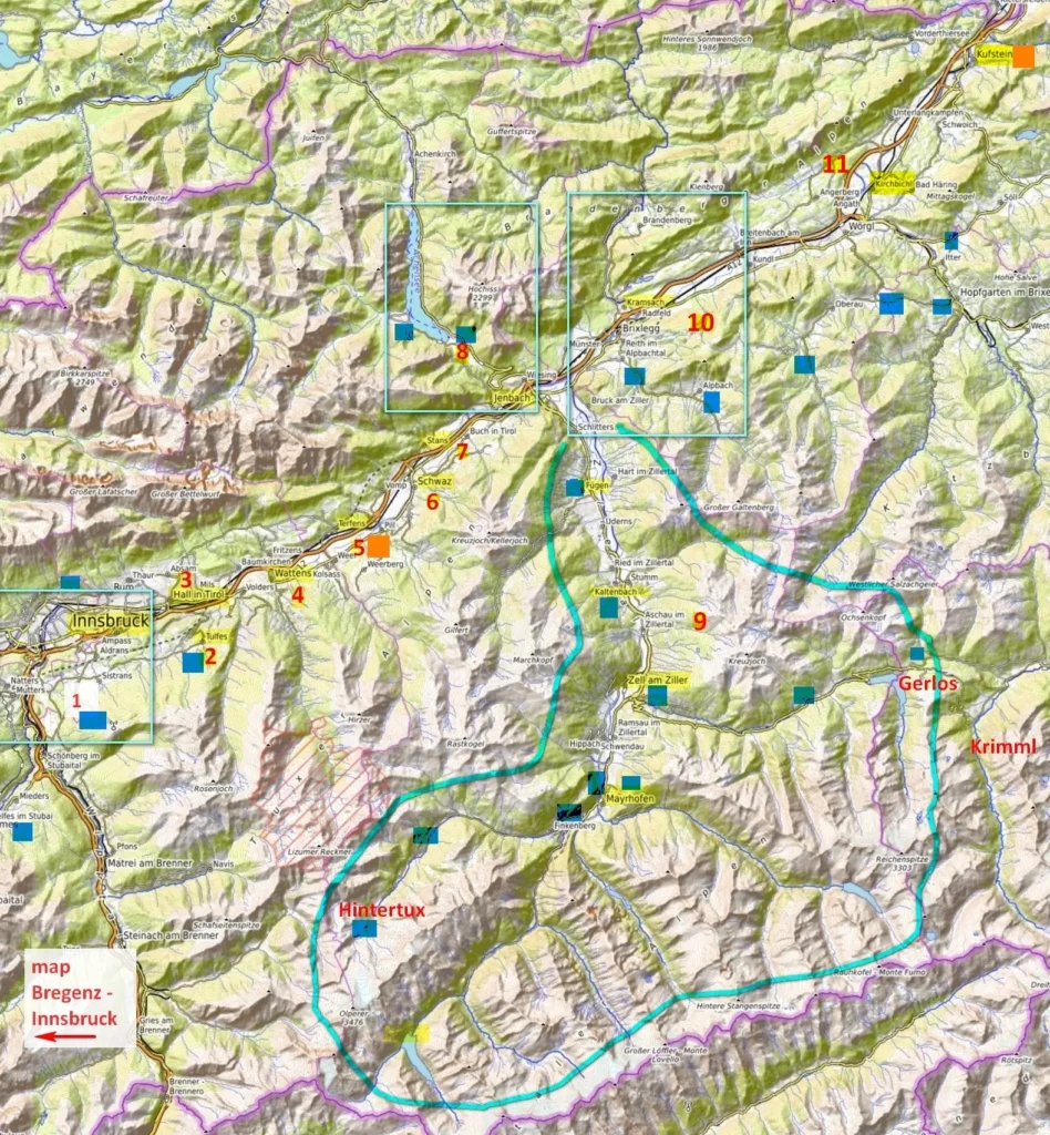 Inn valley attractions from Innsbruck to Kufstein / Inntal Sehenswürdigkeiten Karte von Innsbruck bis Kufstein