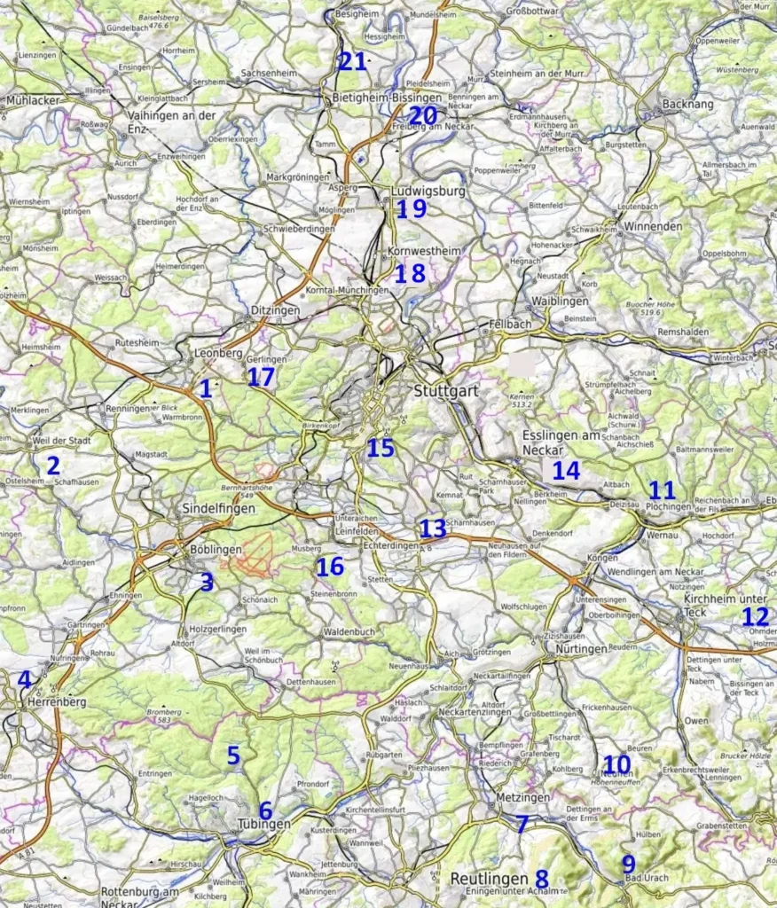 Places to visit near Stuttgart / Rund um Stuttgart Sehenswürdigkeiten Karte